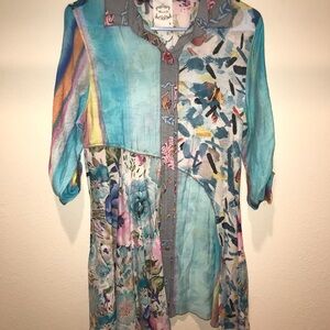 Boho Patchwork Turquoise Floral Button-Down Dress
